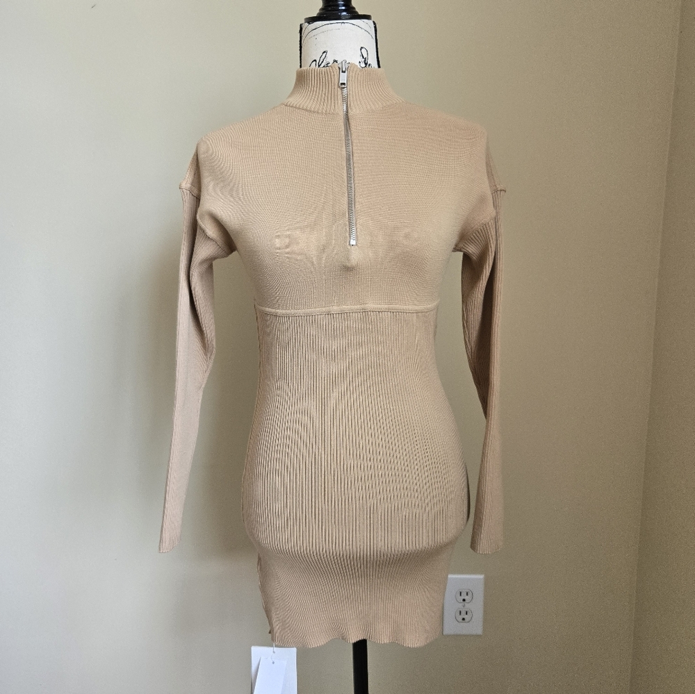Lvir Daytime Mini Ribbed Sweater Dress Womens S Tan Zip Detail